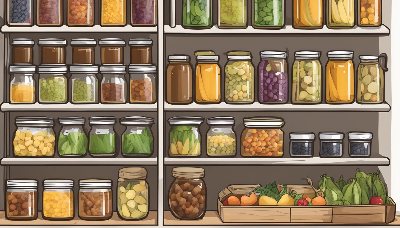 A pantry shelf with canned pear paste, surrounded by other preserved fruits and vegetables, with a calendar showing the current date