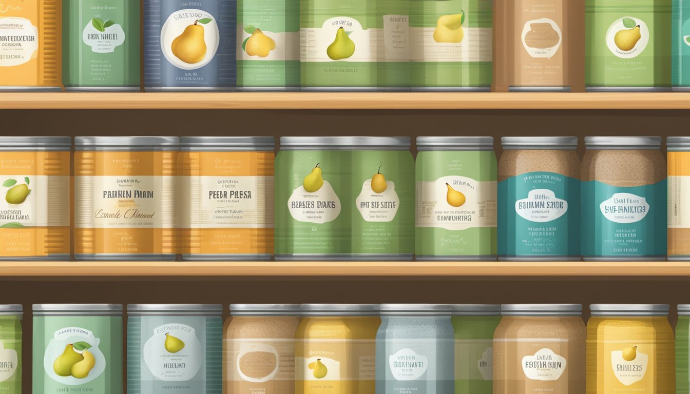 A pantry shelf with neatly organized rows of canned pear paste, with expiration dates clearly labeled