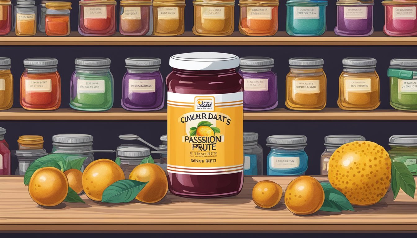 A jar of passion fruit paste sits on a shelf, surrounded by colorful preserves. The label indicates the expiration date, while a spoon rests nearby