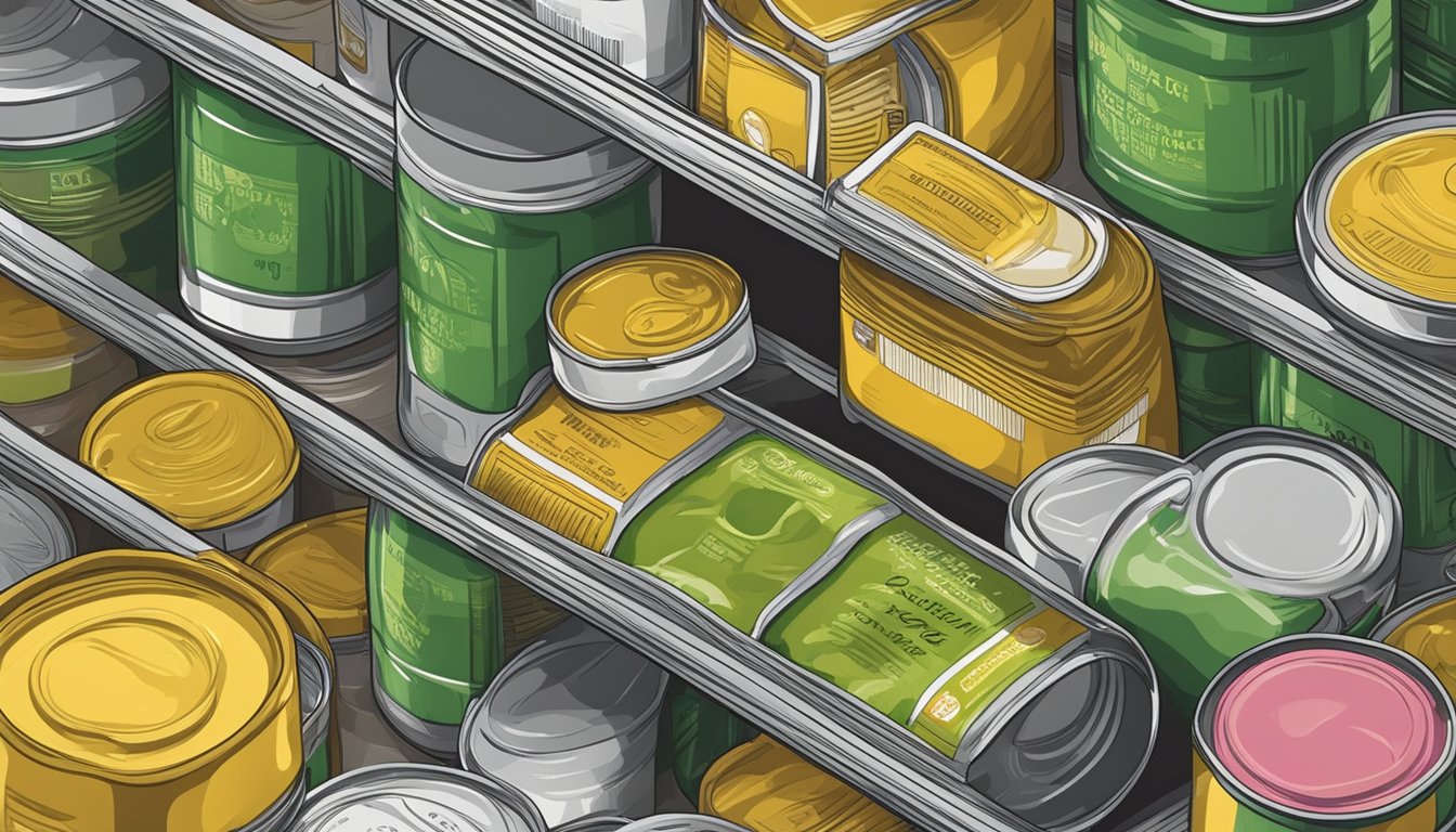 A sealed can of pear paste sits on a shelf, surrounded by other canned goods. The expiration date is clearly visible on the label