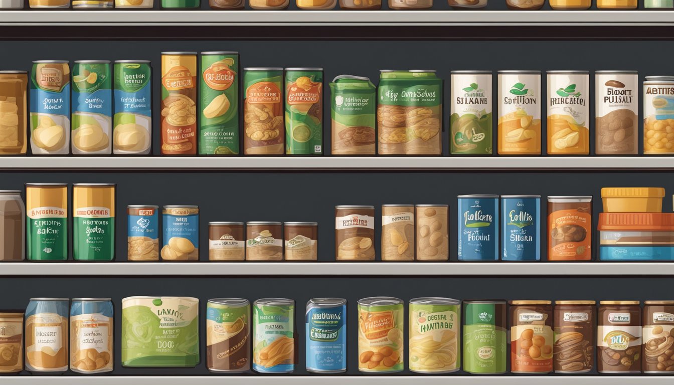 A pantry shelf with various canned food items, including canned potato fiber, with expiration dates clearly visible