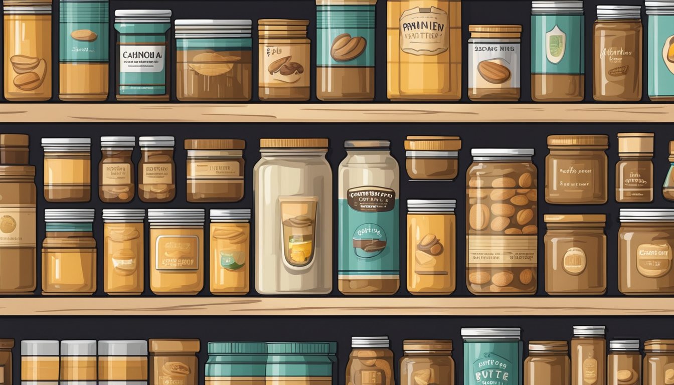 A pantry shelf with rows of neatly organized canned goods, including a prominently displayed jar of peanut butter