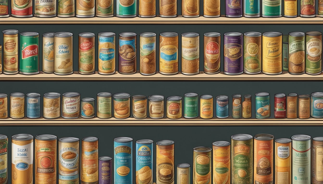 A pantry shelf with rows of canned potato fiber, some showing signs of rust and damage, others in pristine condition