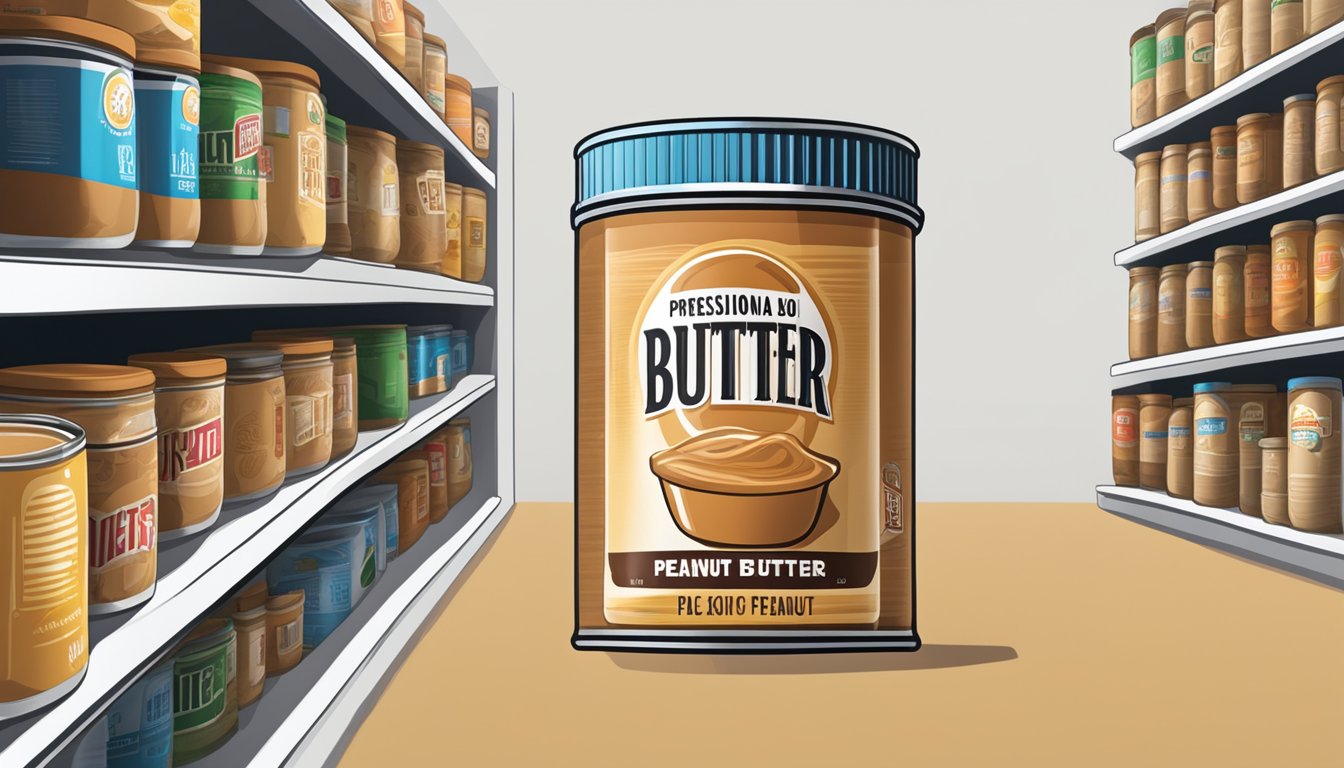 A can of peanut butter sits on a shelf, unopened. The expiration date is clearly marked, indicating how long it will last