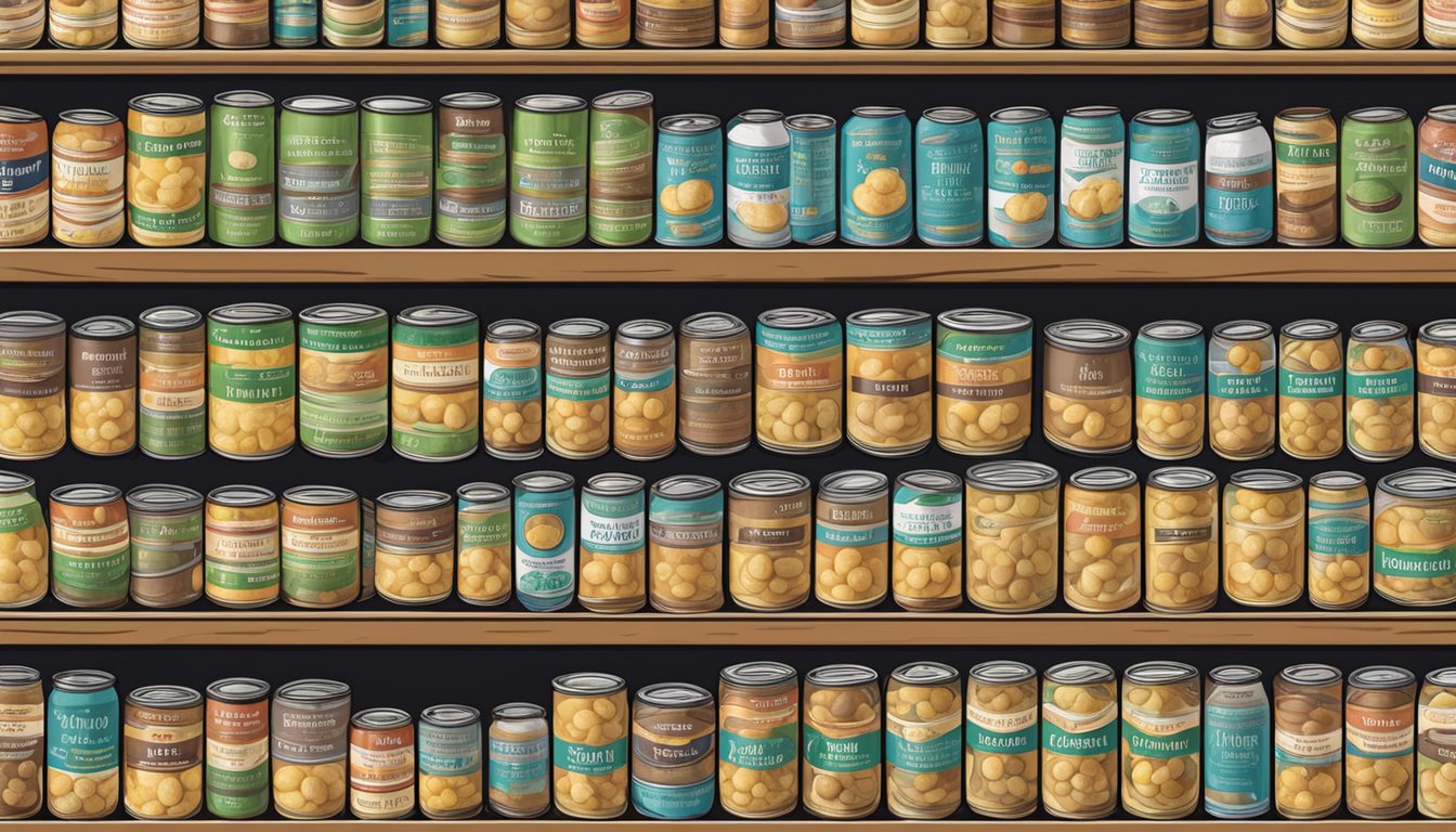 A pantry shelf with rows of canned potatoes, some with expiration dates visible