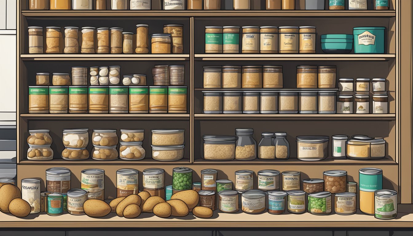 A pantry shelf with rows of canned potatoes, some with expiration dates visible, surrounded by cooking utensils and recipe books