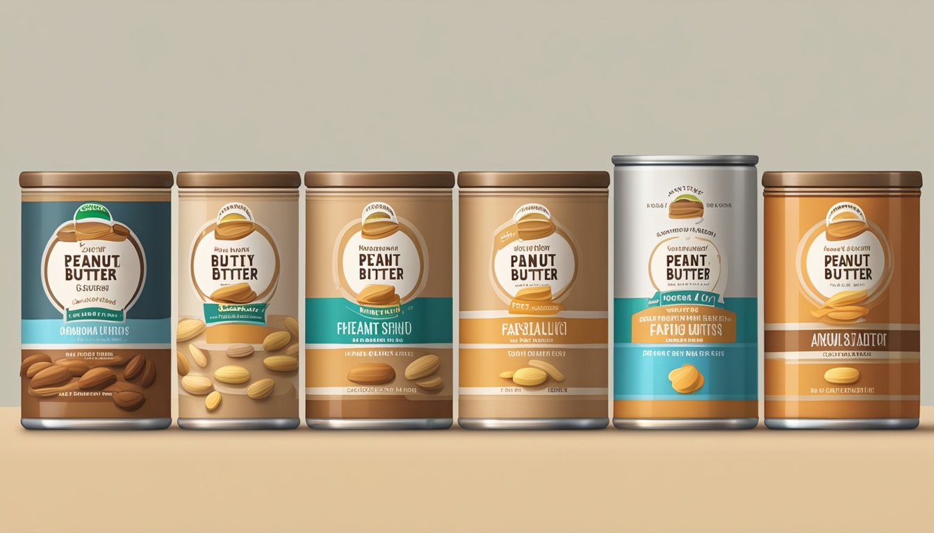 A pantry shelf with a row of canned peanut butter, each with a different expiration date clearly labeled