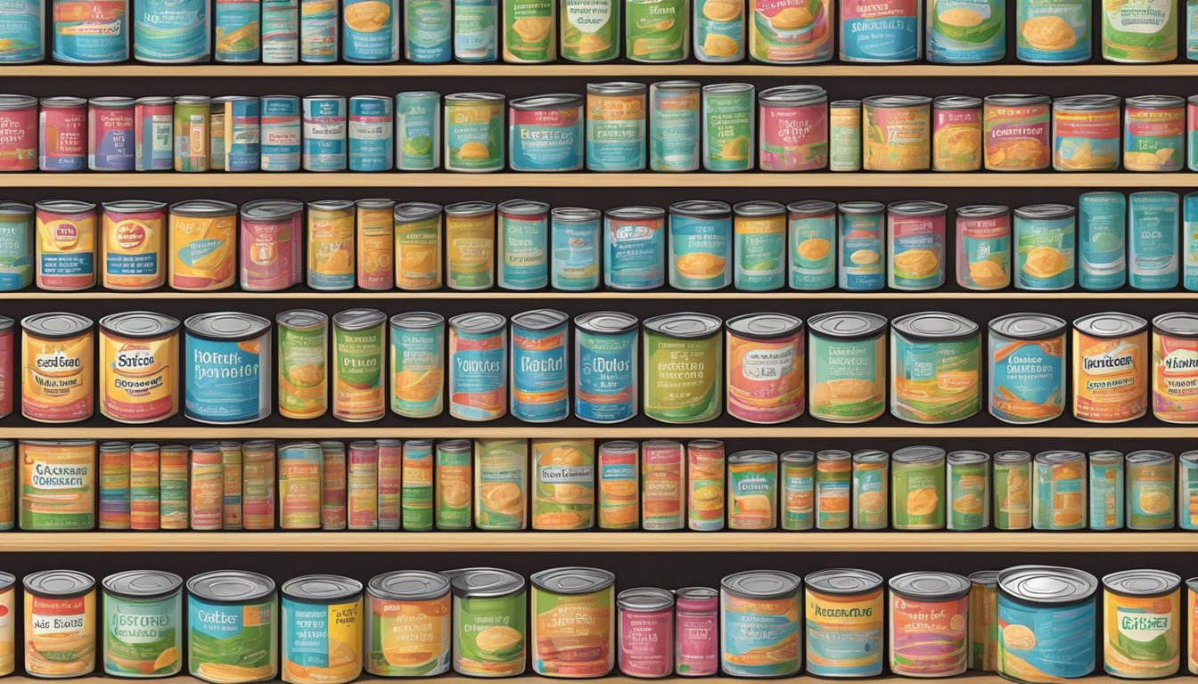 A pantry shelf filled with rows of neatly stacked canned polydextrose, with expiration dates clearly marked on the labels