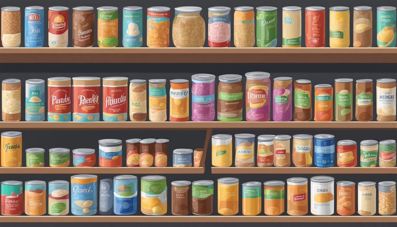 A pantry shelf with various canned goods, including polydextrose, arranged in neat rows with expiration dates visible