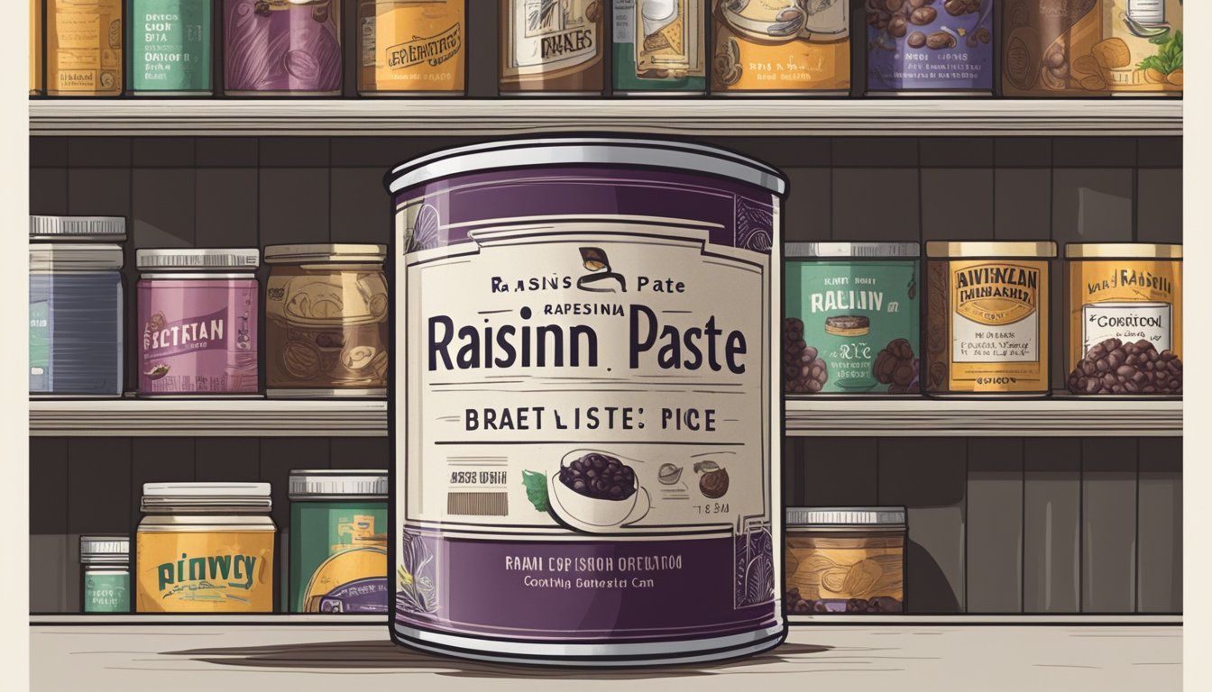 A can of raisin paste sits on a pantry shelf, surrounded by other canned goods. The expiration date is visible on the label