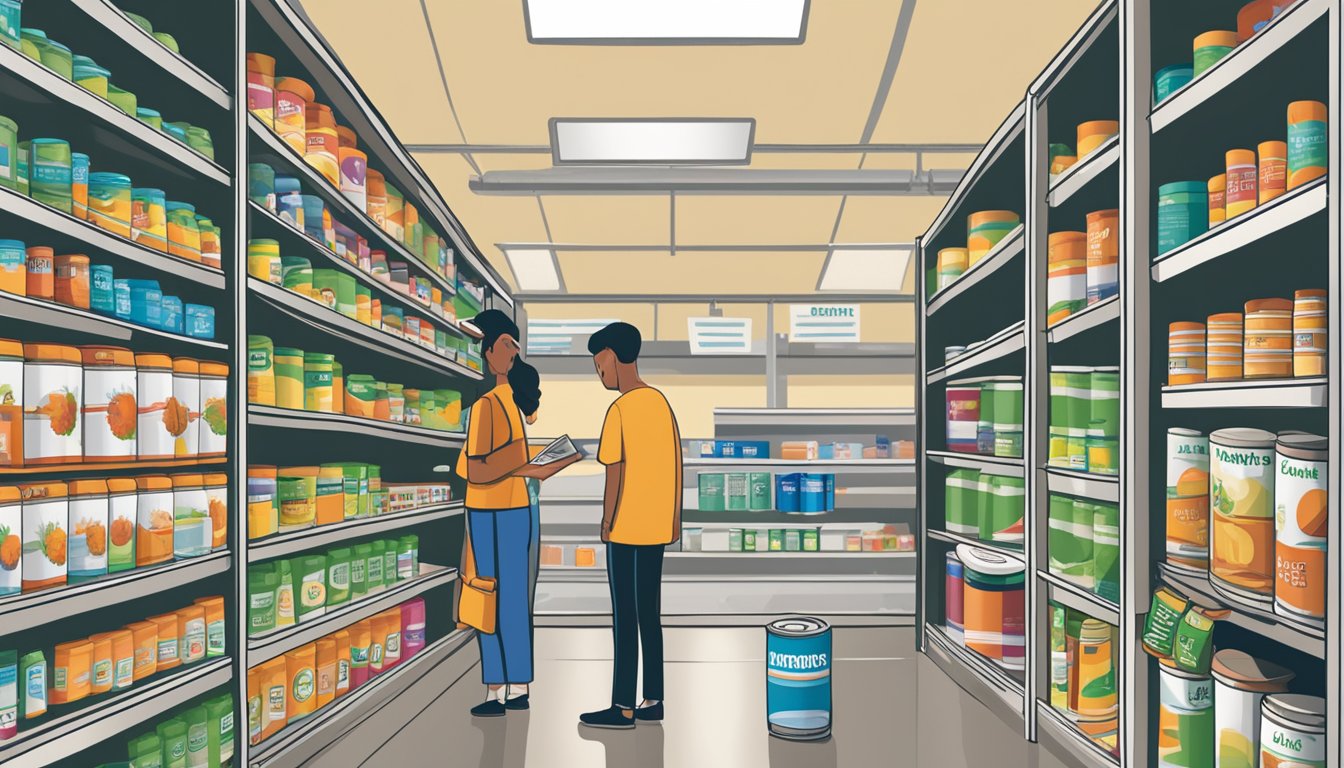 A can of polydextrose sits on a shelf, surrounded by other canned goods. The label indicates the expiration date, and a person is shown reading and understanding the information