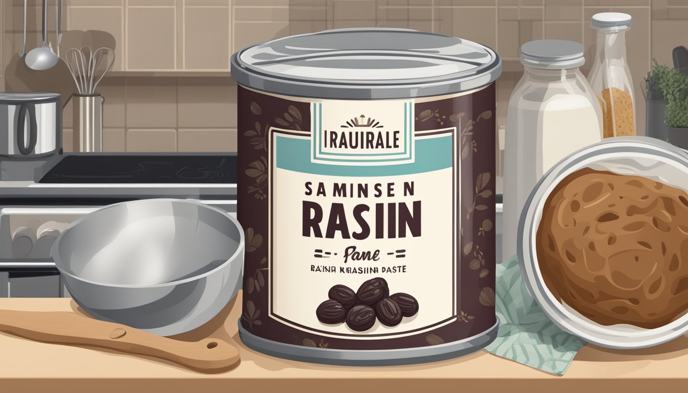 A can of raisin paste sits on a kitchen counter, surrounded by various baking ingredients and utensils. The label on the can indicates the expiration date