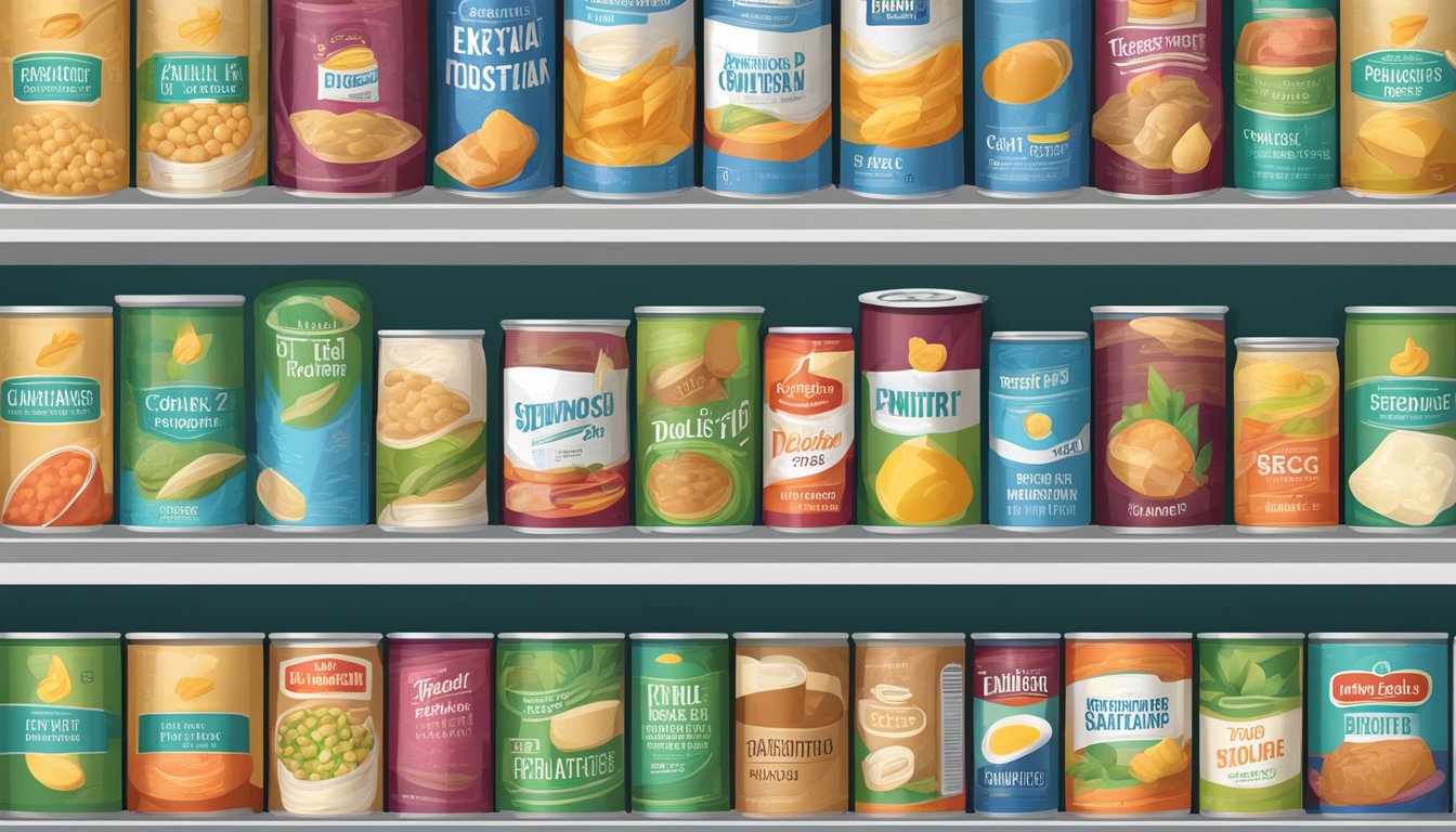 A shelf filled with various canned food items, including a can of polydextrose, with a prominent expiration date label