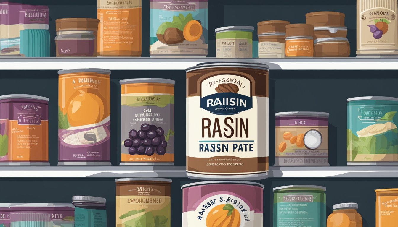 A can of raisin paste sits on a pantry shelf, surrounded by other canned goods. The label indicates the expiration date, while the can's condition suggests its shelf life