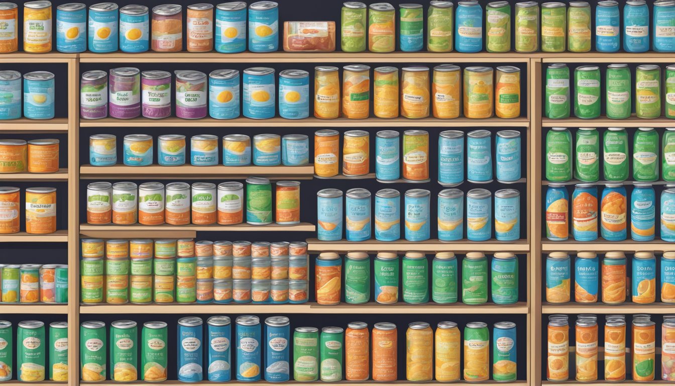 A pantry shelf with neatly organized rows of canned polydextrose, labeled with expiration dates