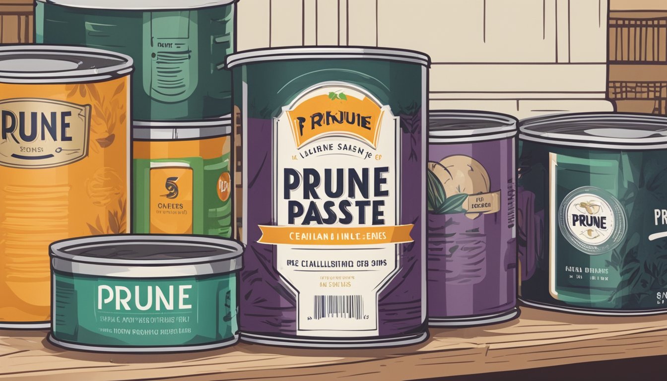 A can of prune paste sits on a shelf, surrounded by other canned goods. The label is clean and unopened, with no signs of spoilage