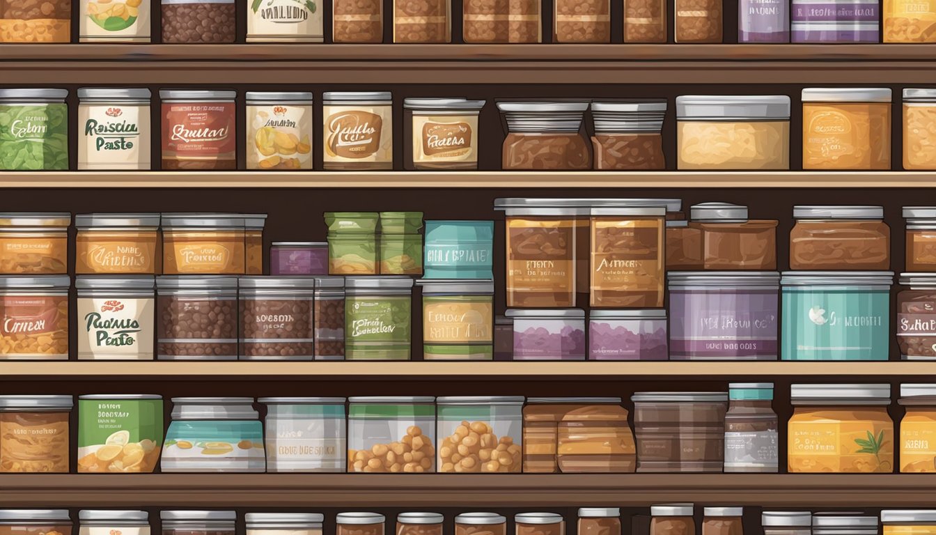 A pantry shelf with rows of canned raisin paste, some in pristine condition and others showing signs of spoilage due to varying storage conditions