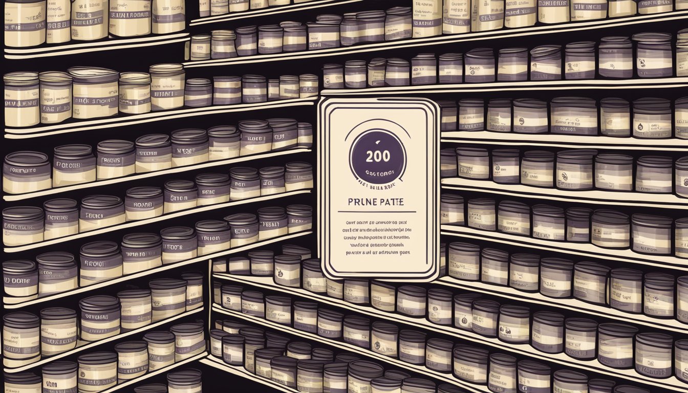 A shelf with neatly stacked canned prune paste, expiration dates clearly visible