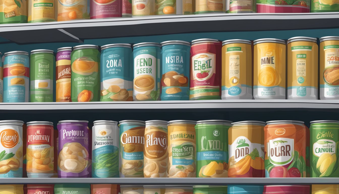 A pantry shelf filled with assorted canned foods, including polydextrose, with expiration dates clearly visible on each can