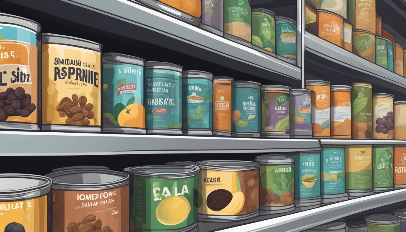 A can of raisin paste sits on a shelf, surrounded by other canned goods. The expiration date on the label is clearly visible