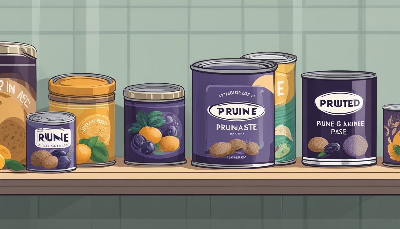 A sealed can of prune paste sits on a shelf, surrounded by other canned goods. The expiration date is clearly visible on the label