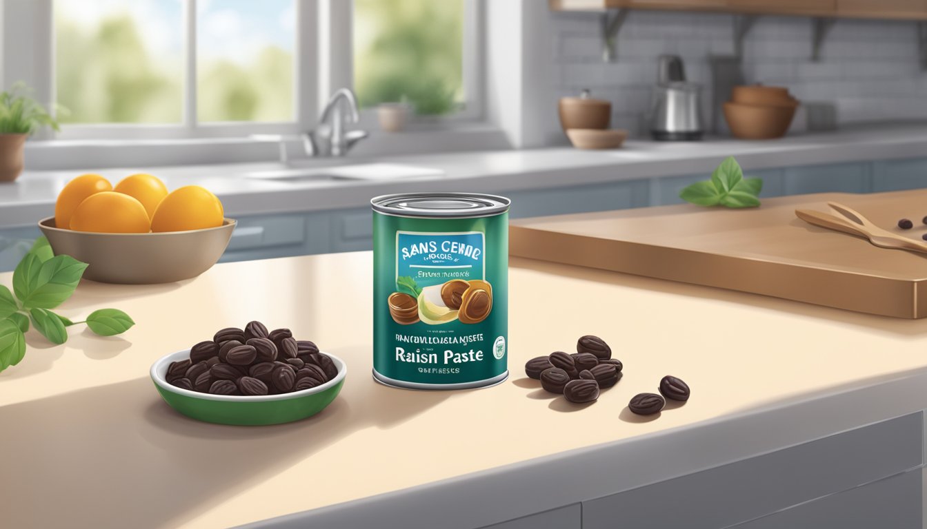 A sealed can of raisin paste on a clean, well-lit kitchen counter