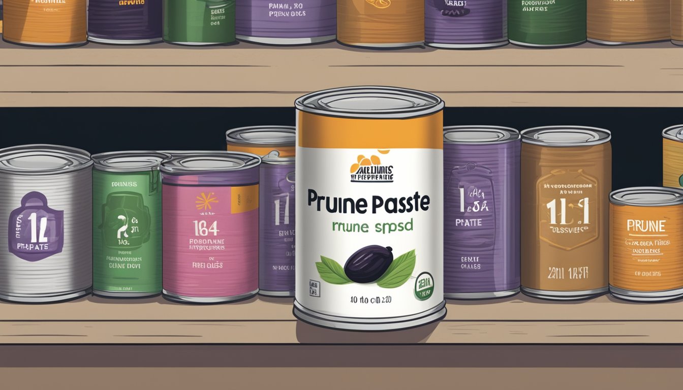 A can of prune paste sits on a shelf, surrounded by other canned goods. The label indicates the expiration date, while the contents remain sealed and undisturbed