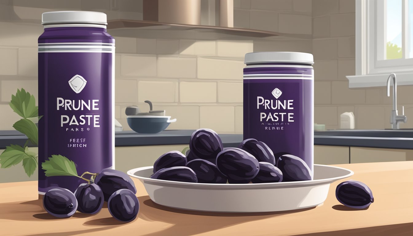 A pristine, unopened can of prune paste sits on a clean, well-lit kitchen counter, surrounded by fresh prunes and a timer set for the recommended shelf life