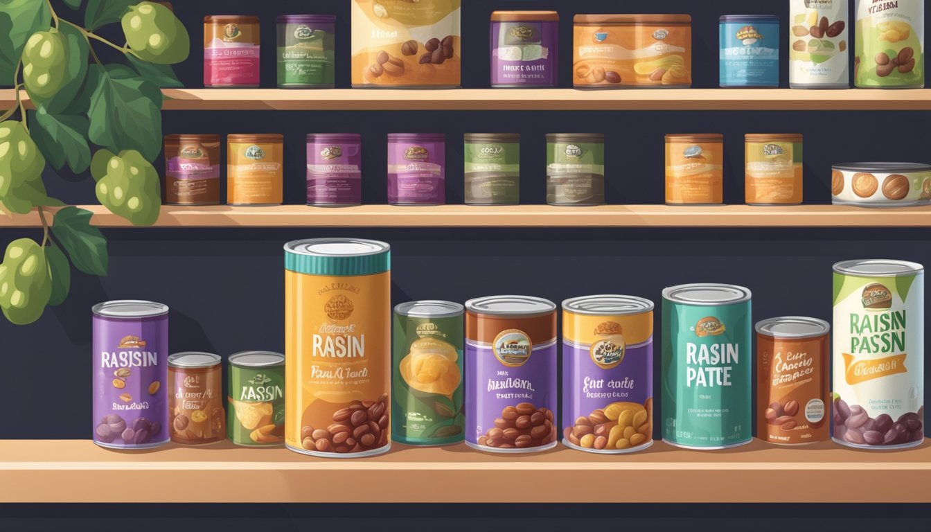 A sealed can of raisin paste sits on a shelf, surrounded by other canned goods. Rays of light filter through the window, illuminating the label