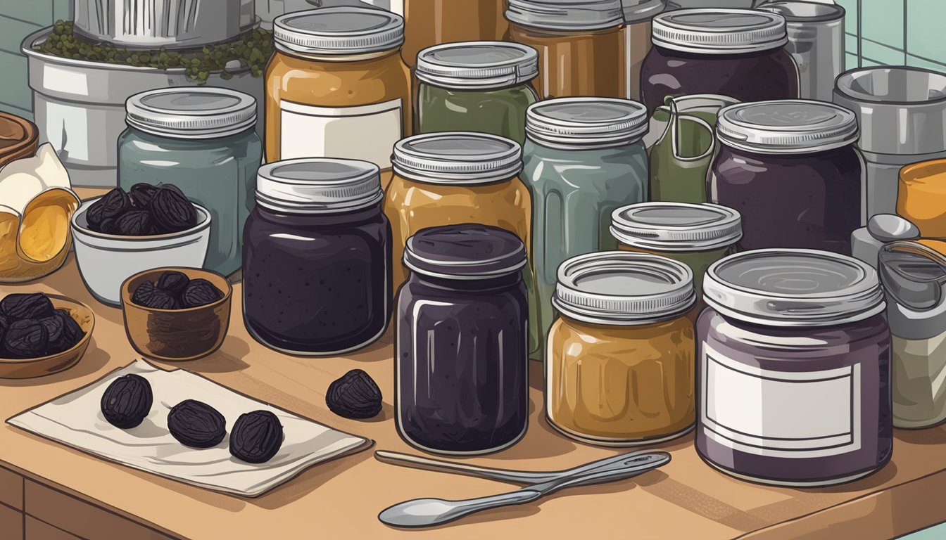 A jar of canned prune paste sits on a kitchen counter, surrounded by various cooking utensils and ingredients. The label on the jar indicates the expiration date