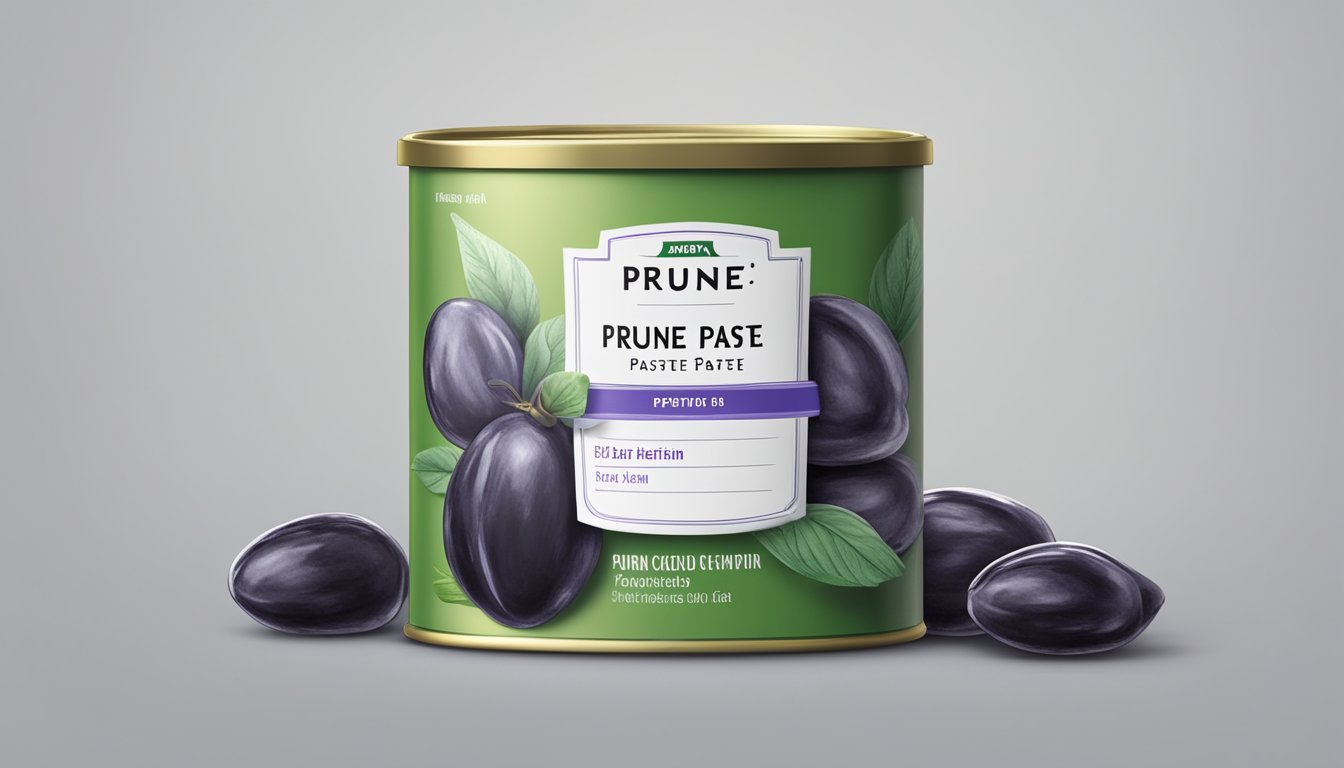 A sealed can of prune paste with a clear expiration date label