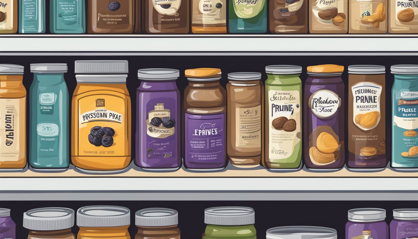 A pantry shelf with various canned goods, including a jar of prune paste, with expiration dates visible