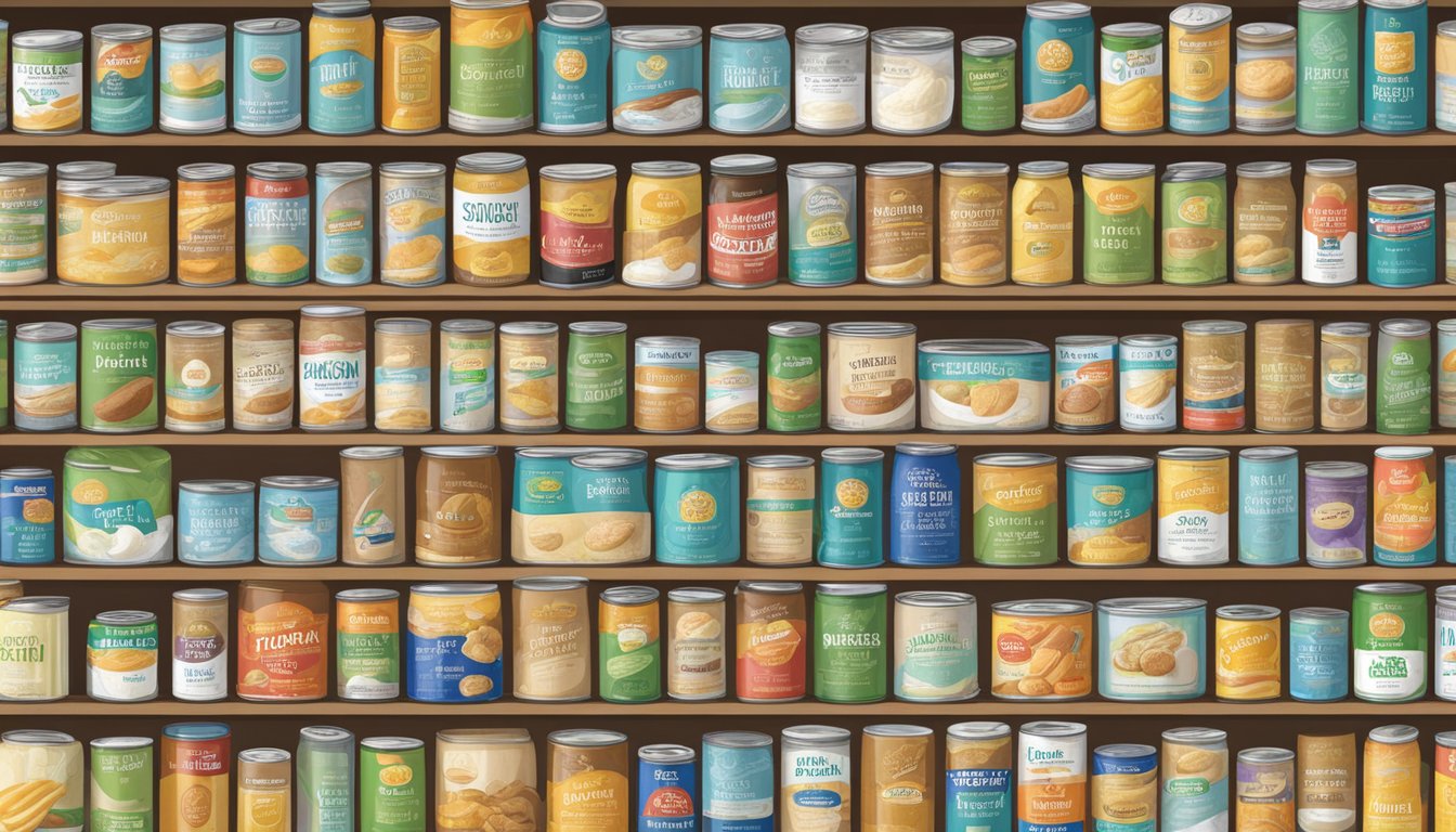 A shelf with various canned resistant starch products, expiration dates visible