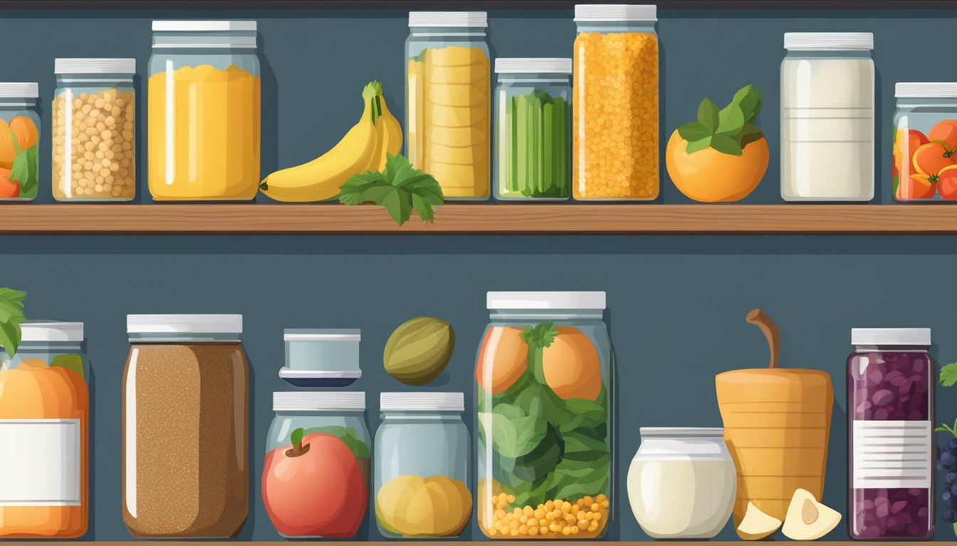 A pantry shelf with canned resistant starch, surrounded by various fruits, vegetables, and grains