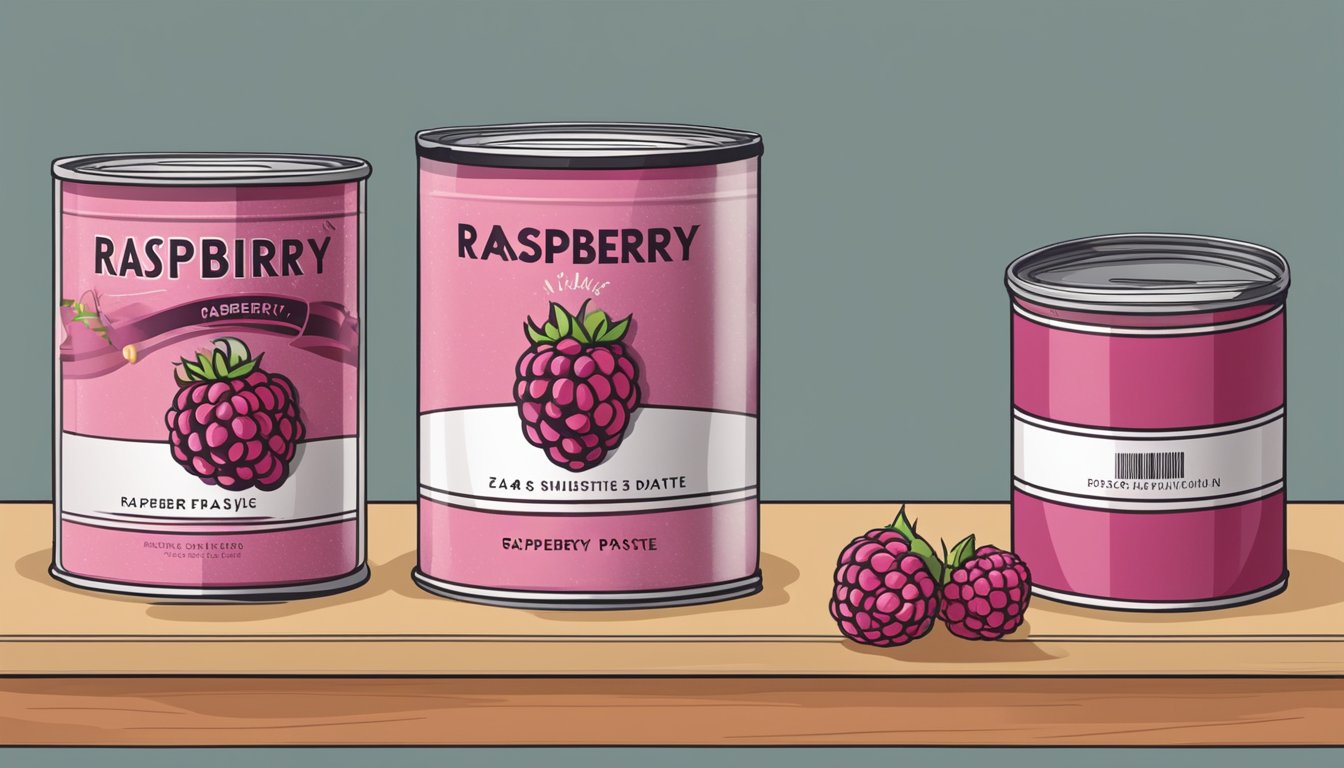 A sealed can of raspberry paste sits on a shelf, surrounded by various food items. The expiration date is clearly visible on the label