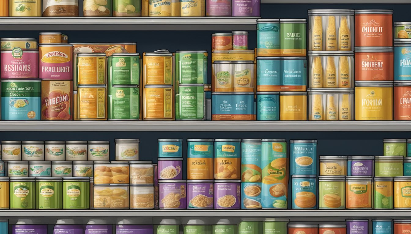 A pantry shelf with rows of canned resistant starch products, some with expiration dates visible