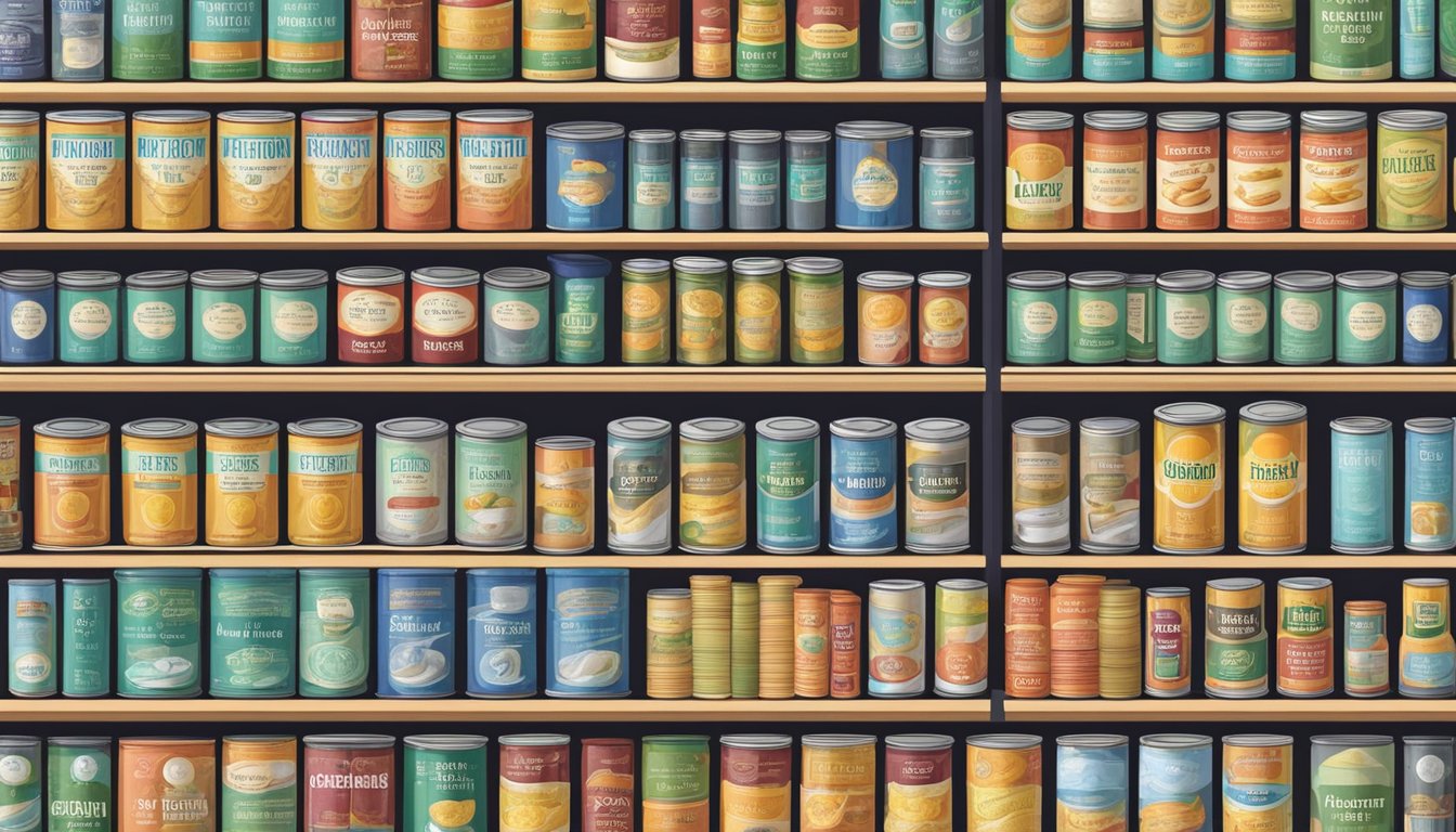 A pantry shelf with rows of neatly organized canned resistant starch, some with expiration dates clearly visible