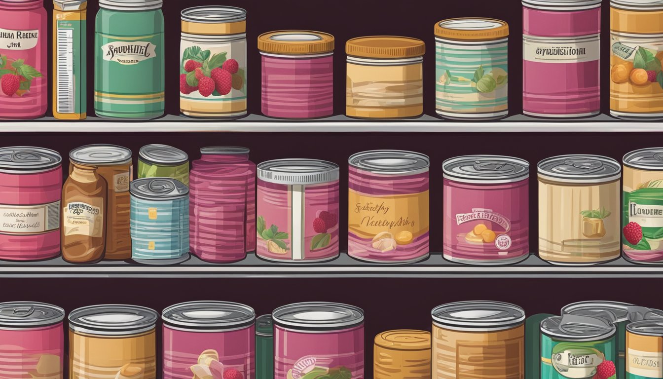 A pantry shelf with neatly organized rows of canned goods, including a can of raspberry paste, with a label indicating the expiration date