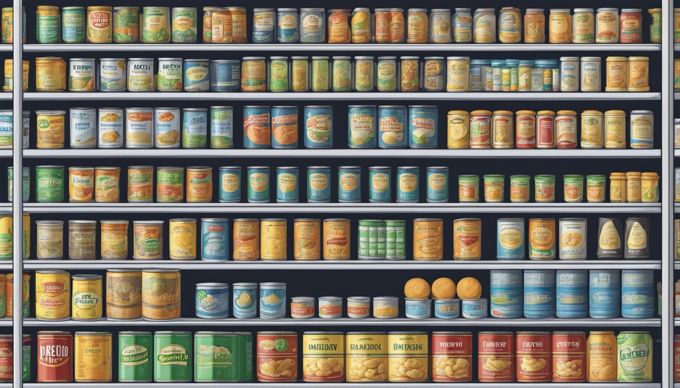 A pantry shelf with rows of canned resistant starch, some with expiration dates visible