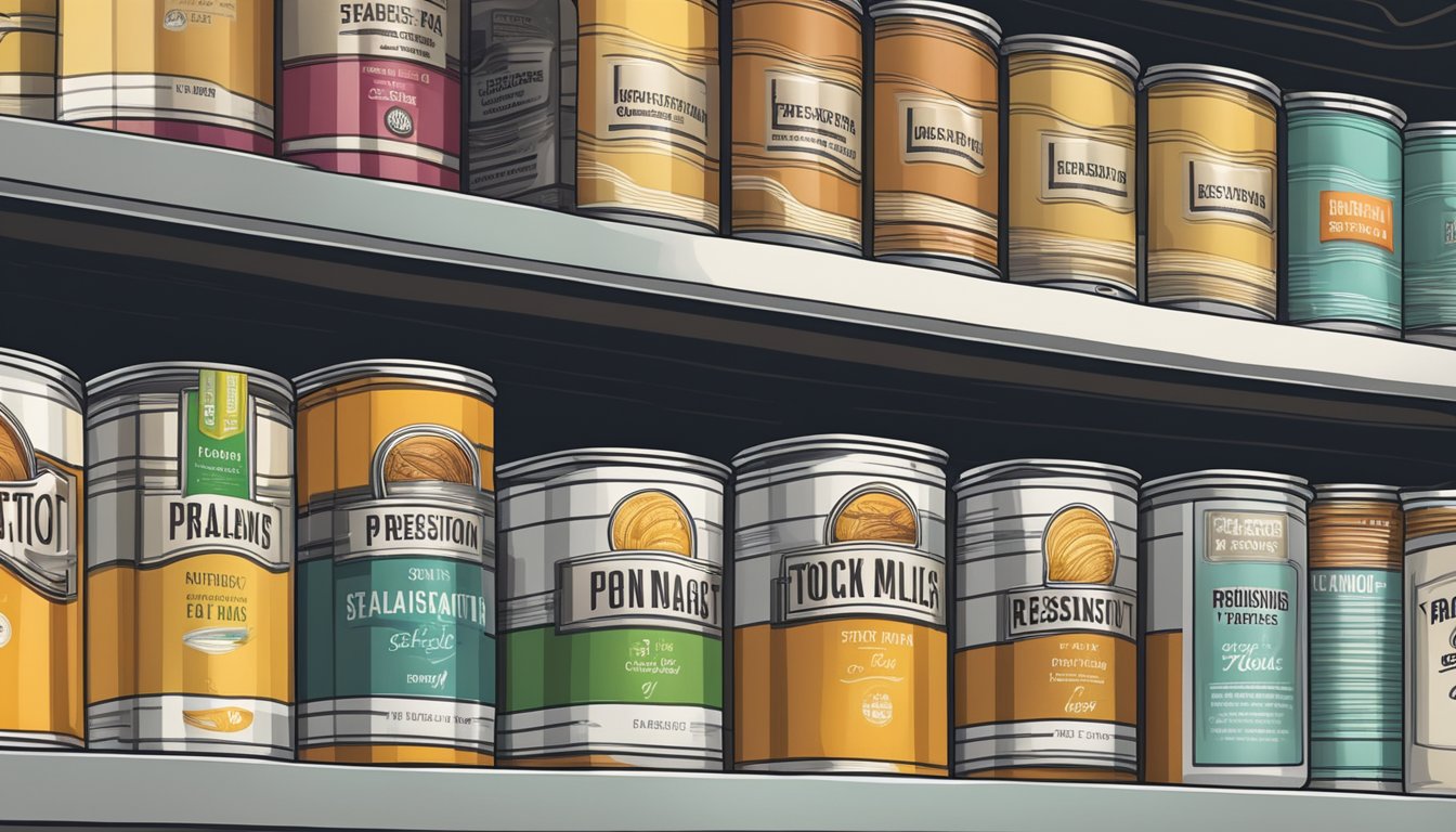 A pantry shelf with various canned goods, including a can of resistant starch, with expiration dates clearly visible