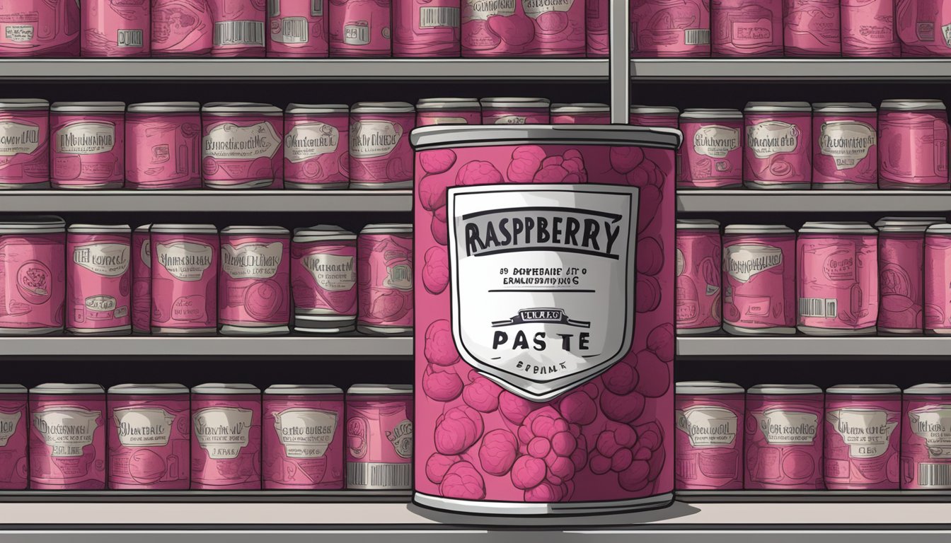 A can of raspberry paste sits on a shelf, surrounded by other canned goods. The label indicates the expiration date, and the can appears undamaged