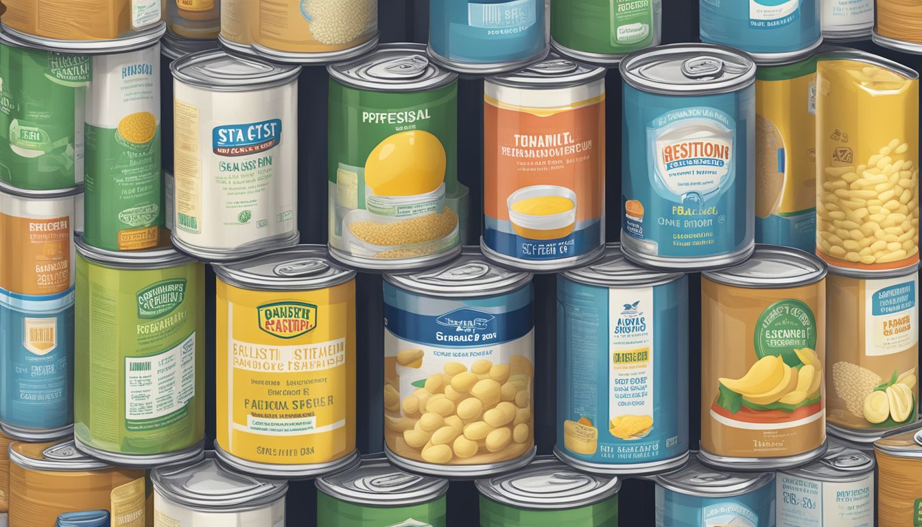 A stack of canned resistant starch sitting on a shelf, surrounded by various expiration dates