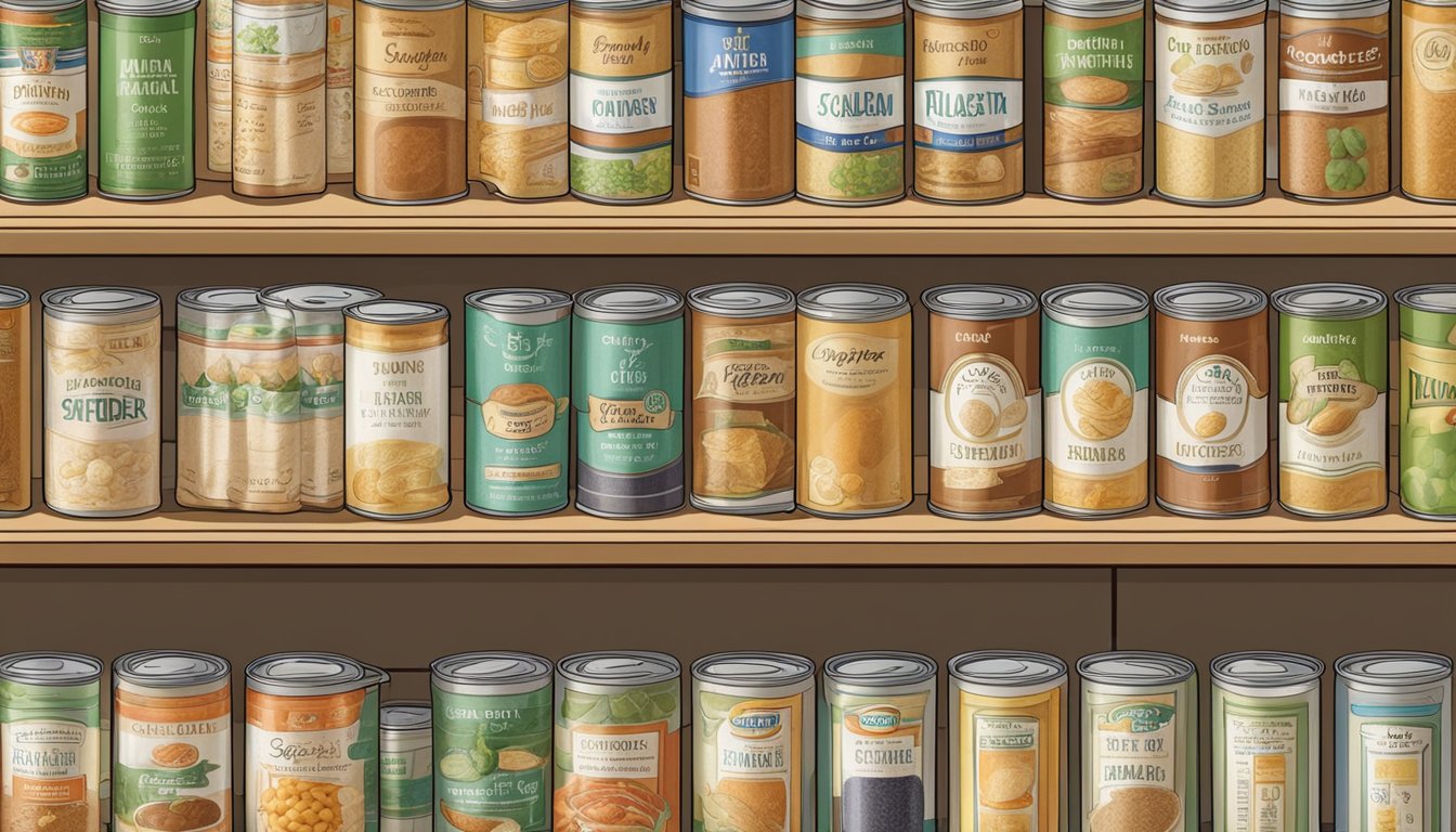 A pantry shelf with rows of canned soy fiber, some with expiration dates visible