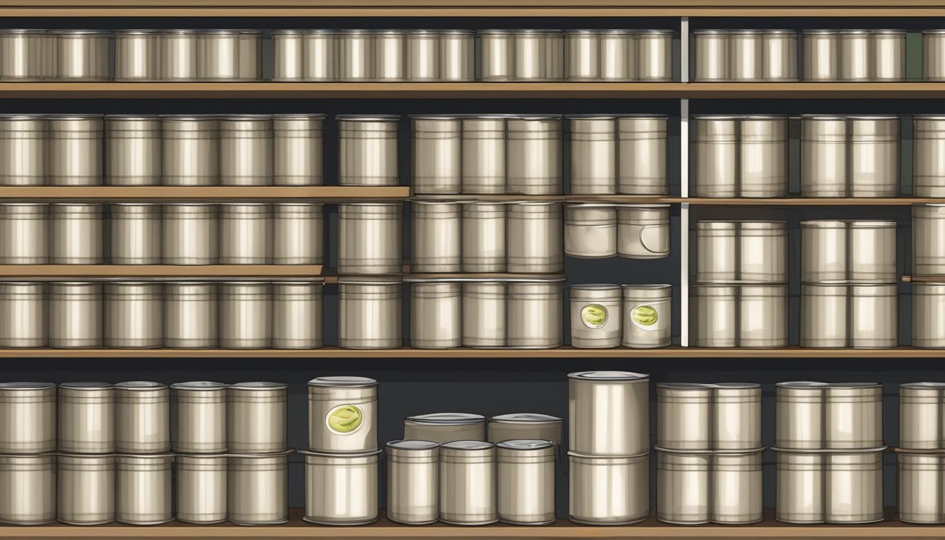 A row of canned soy fiber on a shelf, with expiration dates clearly visible. Jars and cans of preserved food in the background