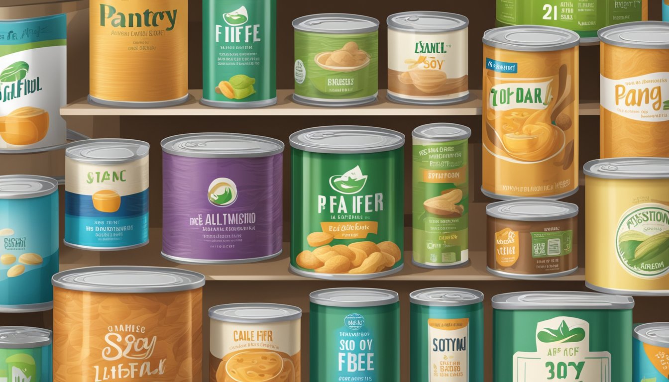 A pantry shelf with various canned foods, including a can of soy fiber, with a clear expiration date label