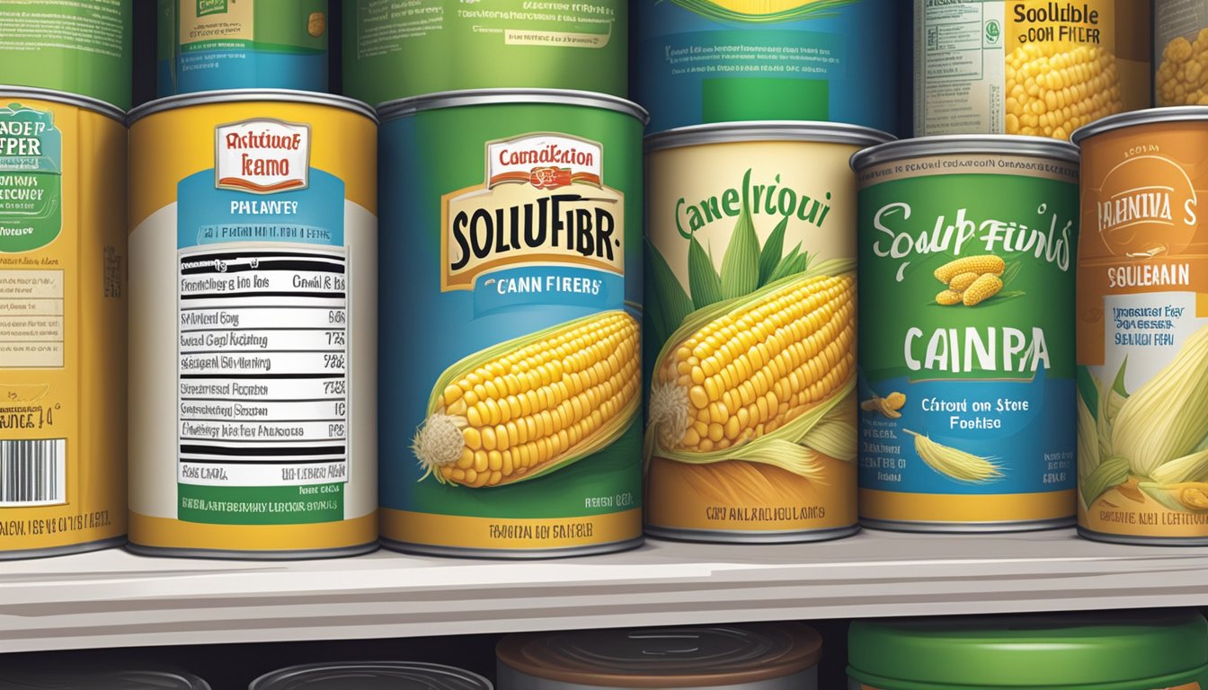 A can of soluble corn fiber sits on a pantry shelf, surrounded by other canned goods. The expiration date is clearly visible on the label