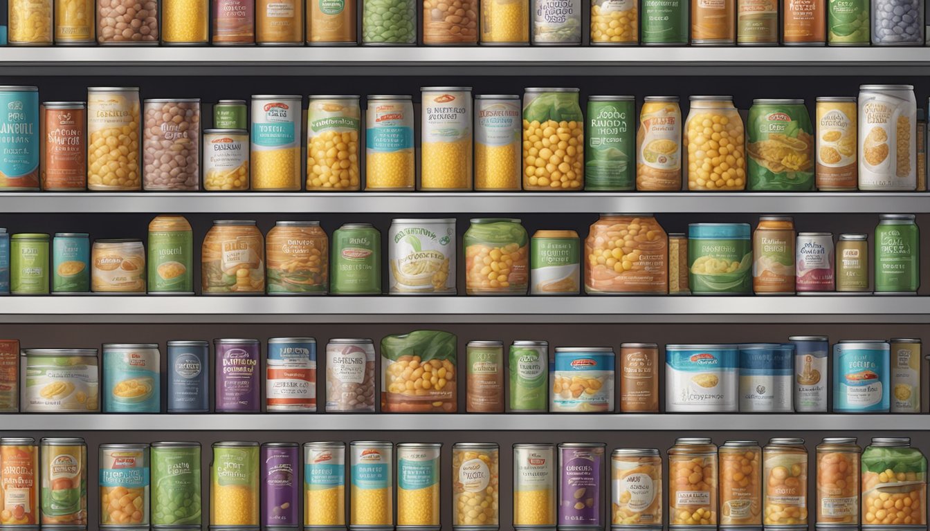 A pantry shelf with a row of canned soluble corn fiber, expiration dates visible, surrounded by other canned goods