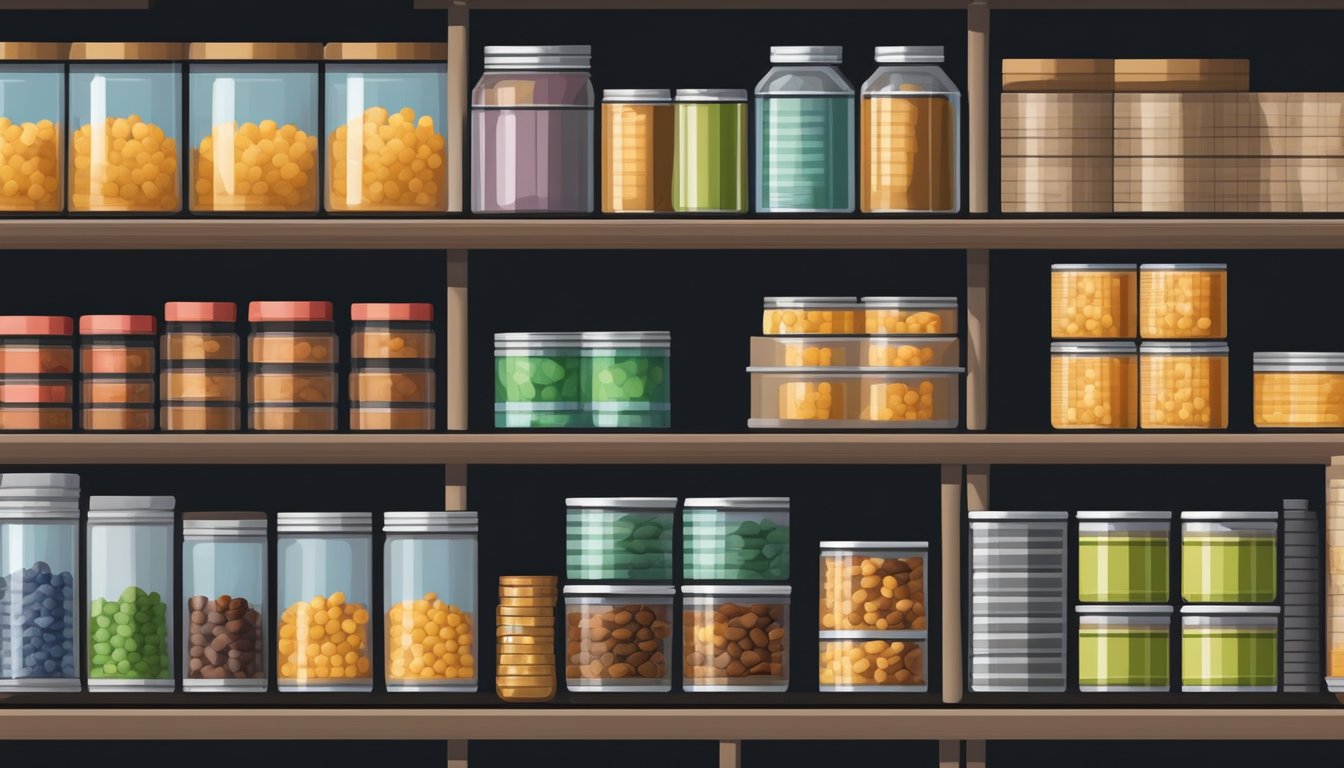 A pantry shelf with neatly organized rows of canned goods, including soy fiber, in a cool, dry, and dark environment