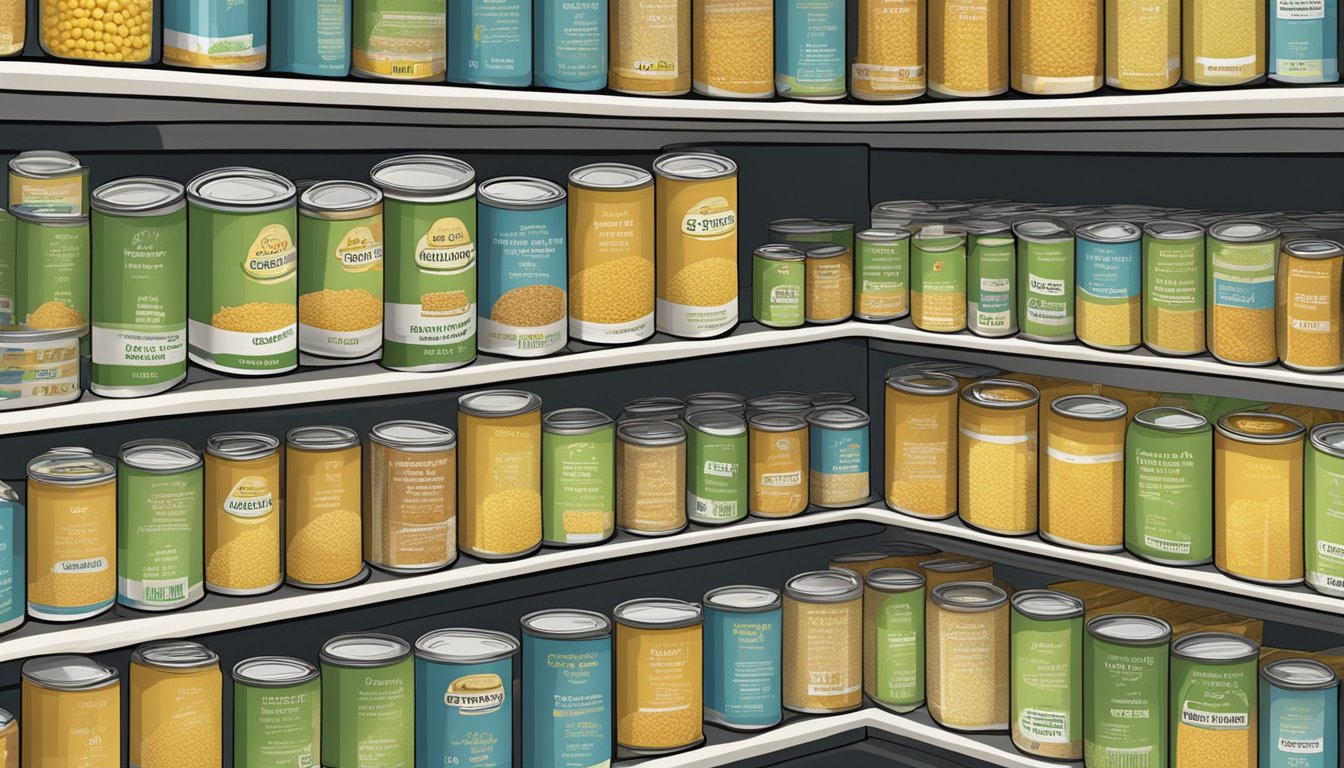 A pantry shelf with neatly organized rows of canned soluble corn fiber, with expiration dates clearly visible