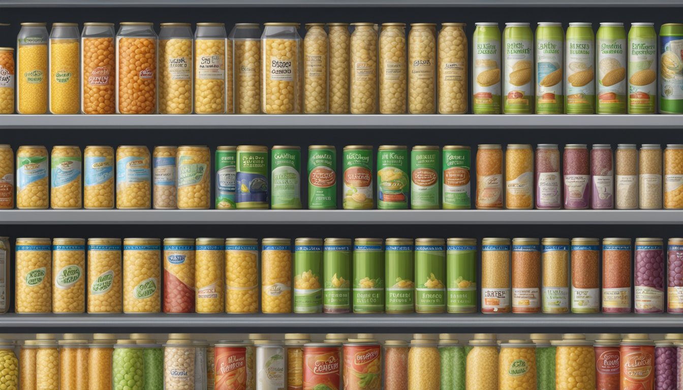 A pantry shelf with a row of canned soluble corn fiber, expiration date visible